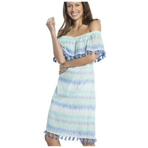Sail to Sable Dress Size S Blue Green Off Shoulder Pom poms beach designer